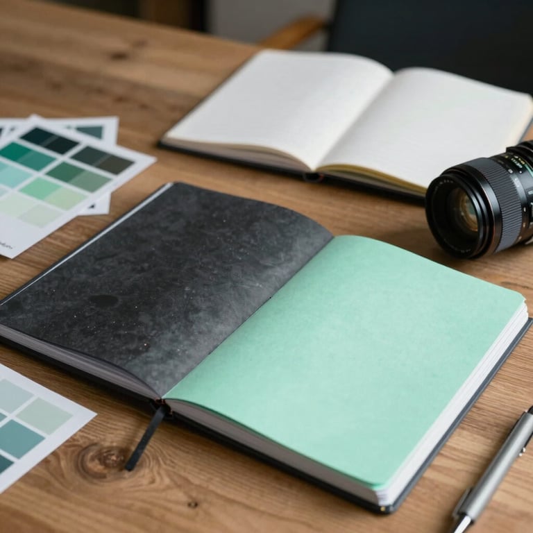 A creative brainstorming session at a wooden table with notebooks and color palettes, featuring charcoal and mint green colors.