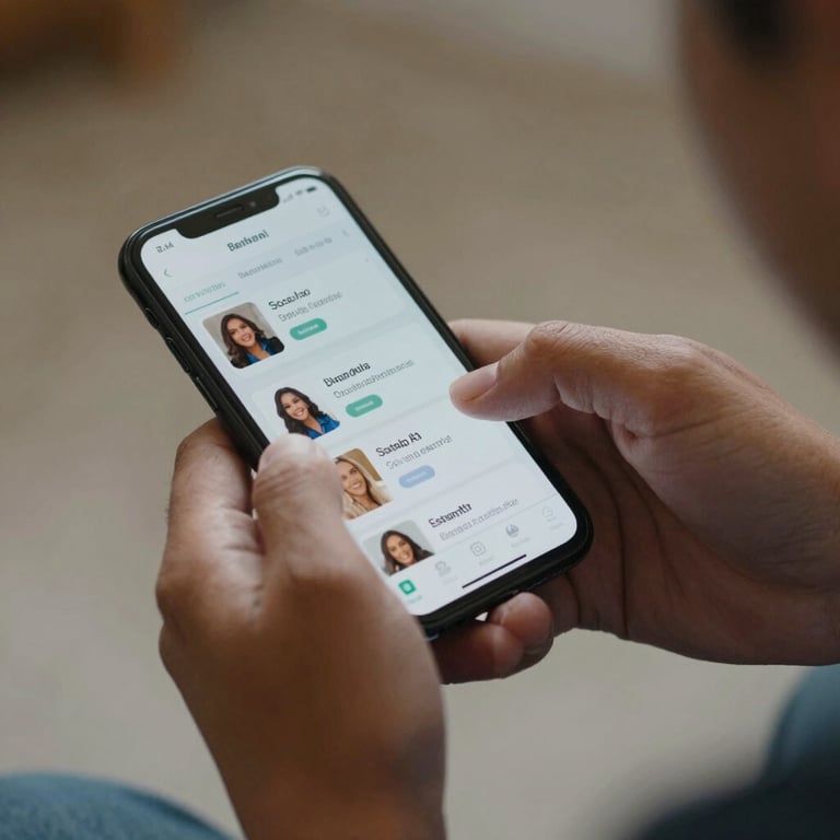 A close-up of a person's hands in a Hispanic / Spanish-speaking region using a smartphone to manage social media accounts, professional setup.