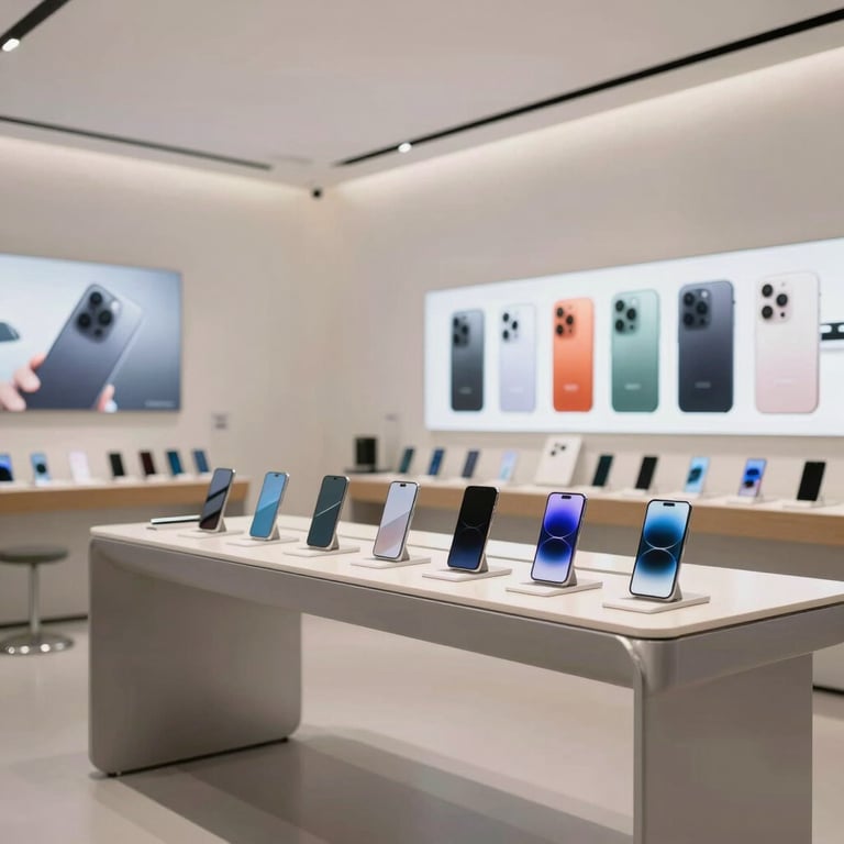 Modern interior of a high-end mobile phone store with clean lines and soft lighting, reflecting professional service.