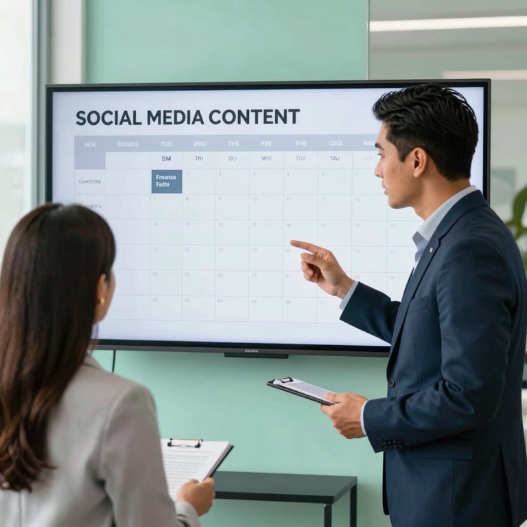 Two Hispanic professionals in a bright office with mint green accents discussing a social media content calendar on a large screen.