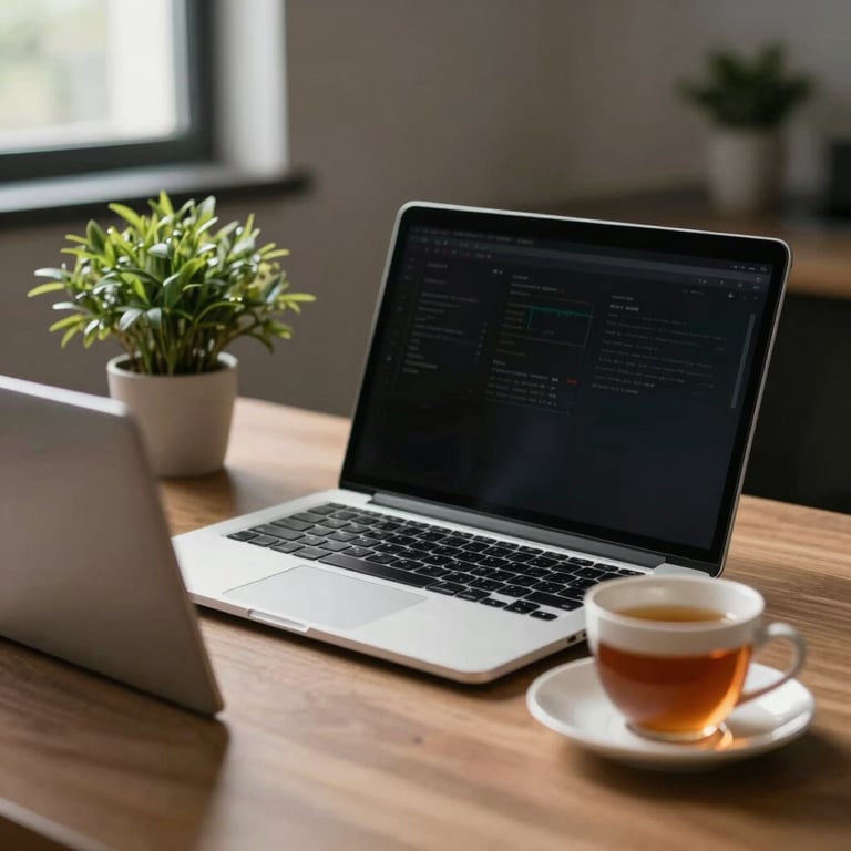 A serene image of a professional office desk with a laptop, a small plant, and a cup of tea, promoting a calm yet focused atmosphere.