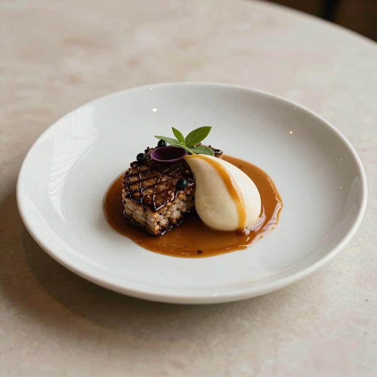 An aesthetically plated modern dish in a Scandinavian-style restaurant, soft lighting, beige and off-white tones.