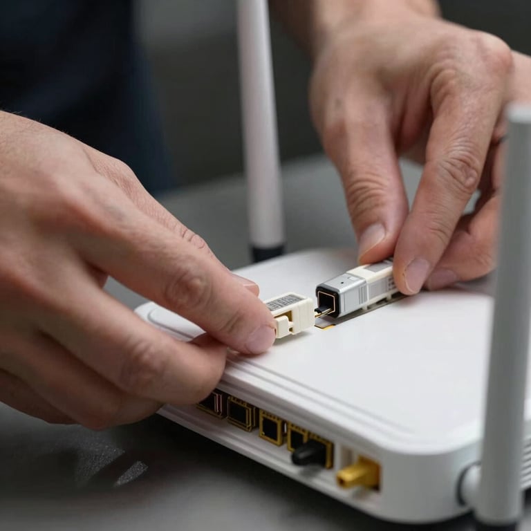 Close-up of expert hands carefully connecting a sleek white fiber optic router.