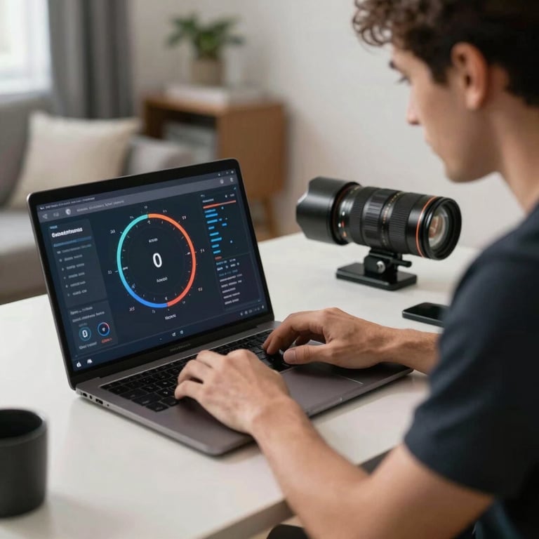 A professional technician at a modern desk testing network speeds on a laptop in a US home.