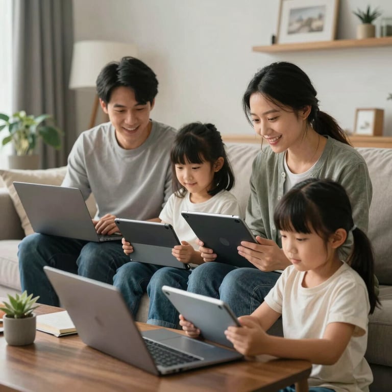 A happy family in a modern North American living room using multiple tablets and laptops simultaneously.