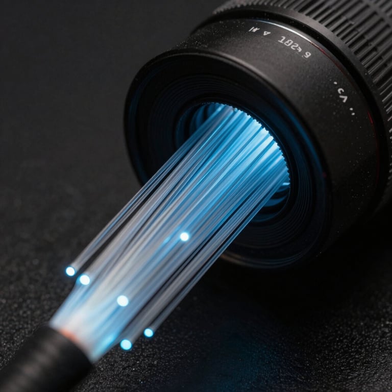 Detail shot of a fiber optic cable glowing with soft blue light indicating high-speed data flow.