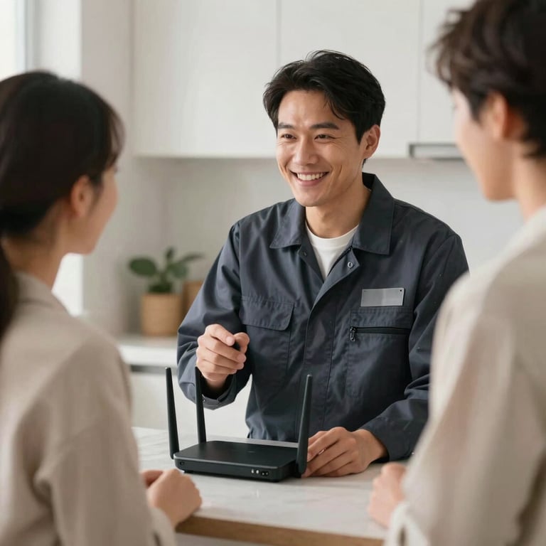 A friendly technician in professional attire explaining the router setup to a homeowner in a bright kitchen.