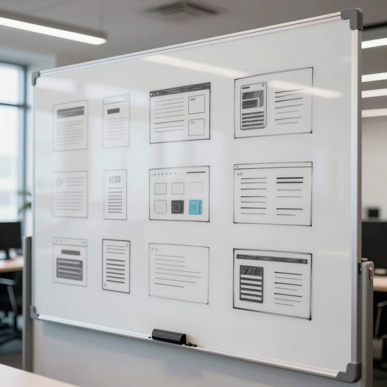 UI design wireframes sketched on a whiteboard, bright modern office setting, innovative atmosphere, Global / Tech-focused.