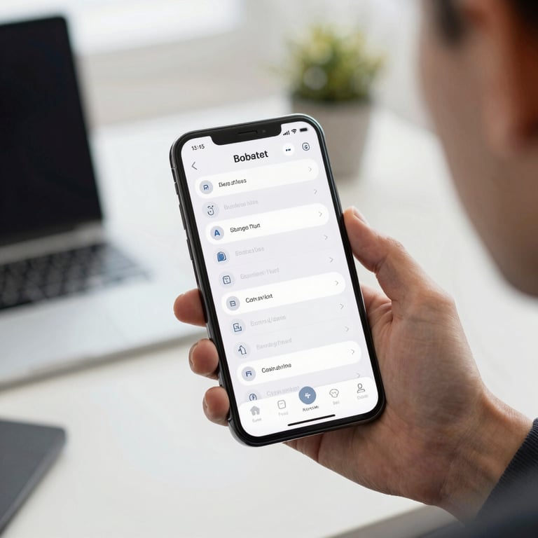 A professional holding a phone, demonstrating a clean and intuitive app interface in a bright tech workspace, Global / Tech-focused.