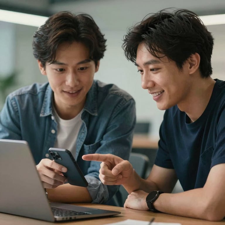 Two developers pointing at a mobile screen, engaged in discussion, friendly and approachable vibe, Global / Tech-focused.