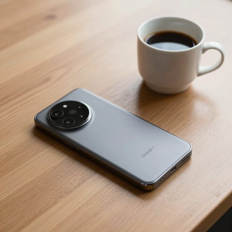 A sleek Android device resting on a clean wooden desk next to a coffee cup, minimalist composition, Global / Tech-focused.
