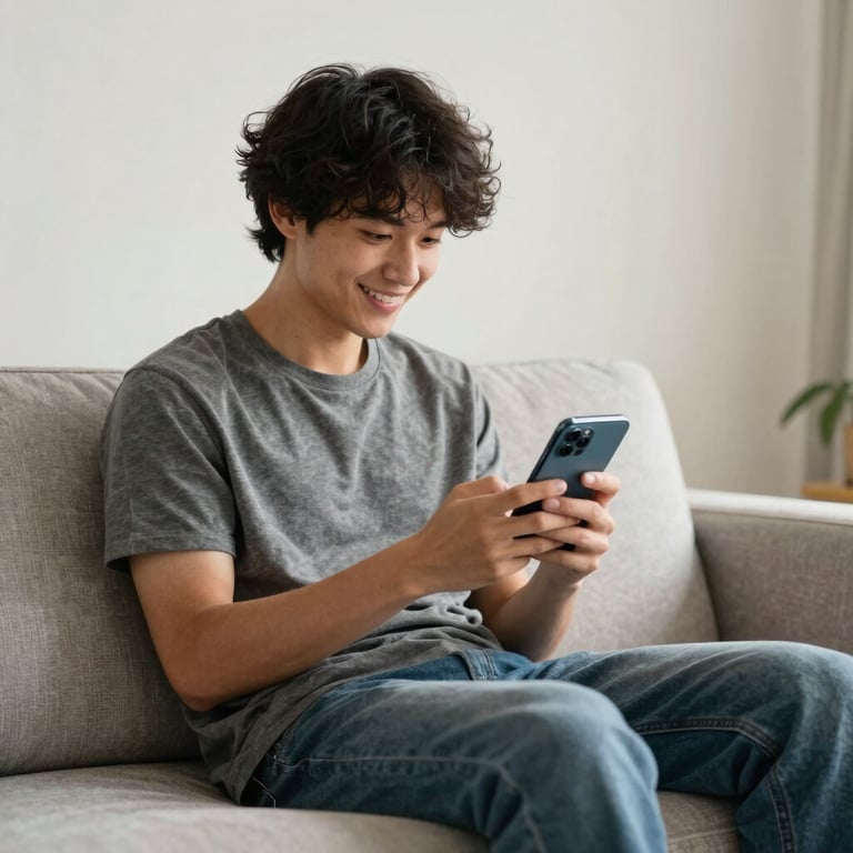 A person sitting on a modern sofa smiling while scrolling on an Android phone, natural light, off-white background, Global / Tech-focused.