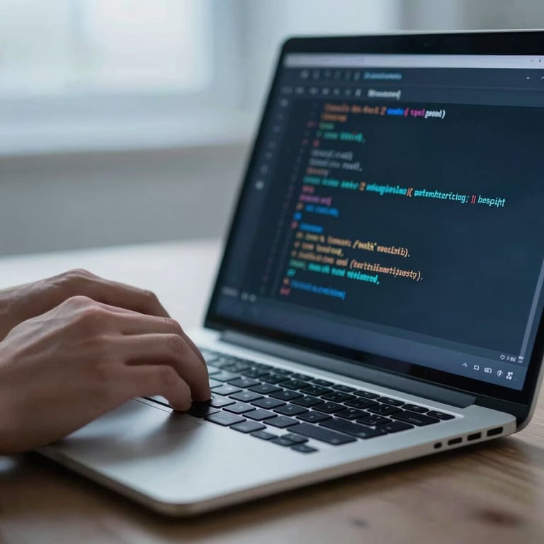 Close up of hands coding on a modern laptop, soft focus background, dark blue and light blue hues, Global / Tech-focused.