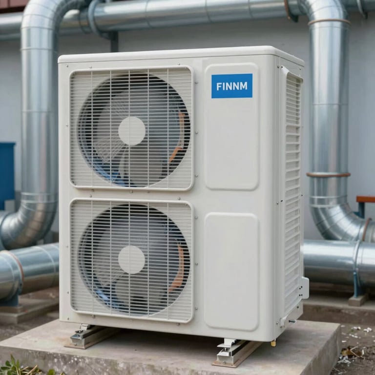 A perfectly installed industrial HVAC unit with polished surfaces and professional ductwork.