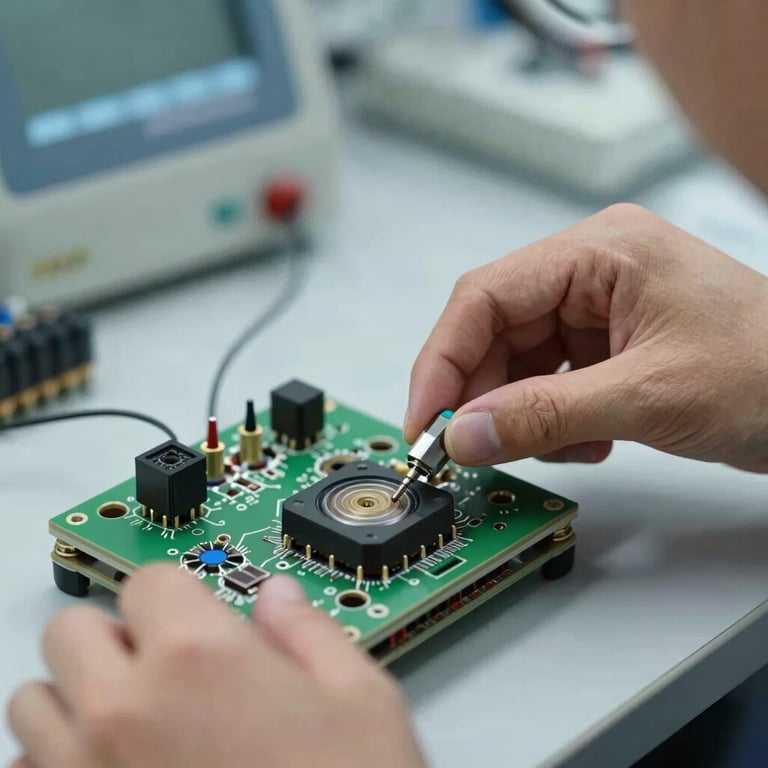 A technician's hand adjusting a high-precision electrical component using advanced diagnostic tools.