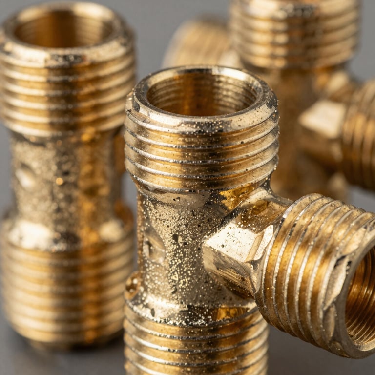 Extreme close-up of threaded brass elbow joints and reducers, warm metallic reflections, sharp thread detail, high-contrast industrial lighting
