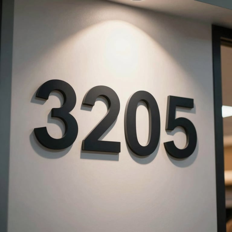 Detail shot of the store address number 3205 on a clean wall with modern lighting.