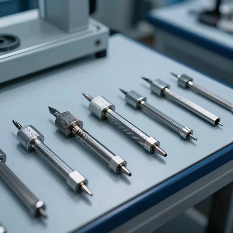 Selection of high-precision measuring tools on a display case, metallic light blue and navy tones.