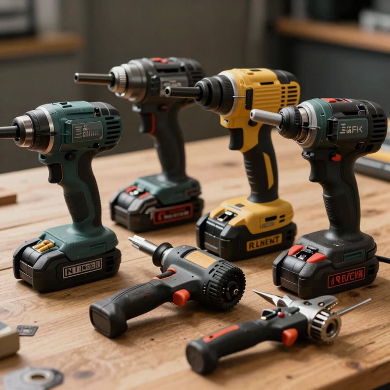 Set of heavy-duty power tools arranged professionally on a wooden surface, soft shadows.