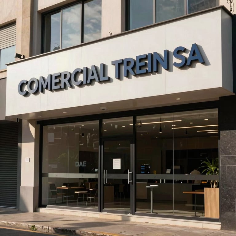 Exterior of COMERCIAL TREIN SA storefront in Uruguaiana, clean signage, modern South American architecture.