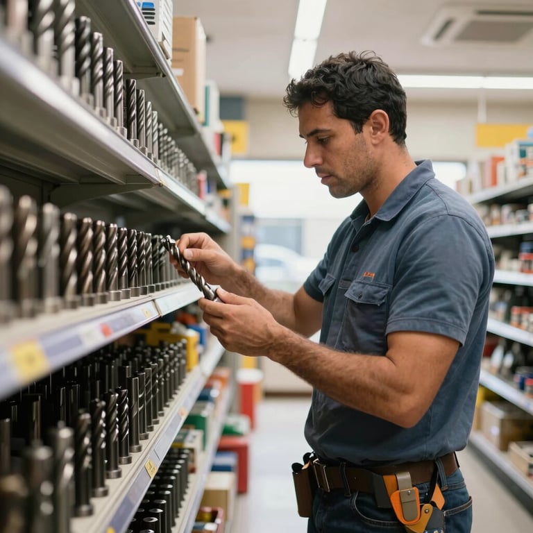 A South American professional contractor browsing industrial drill bits in a bright store aisle.