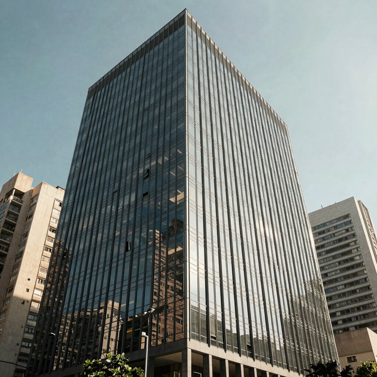 Exterior shot of a modern glass office building in a major Brazilian city during a clear day.