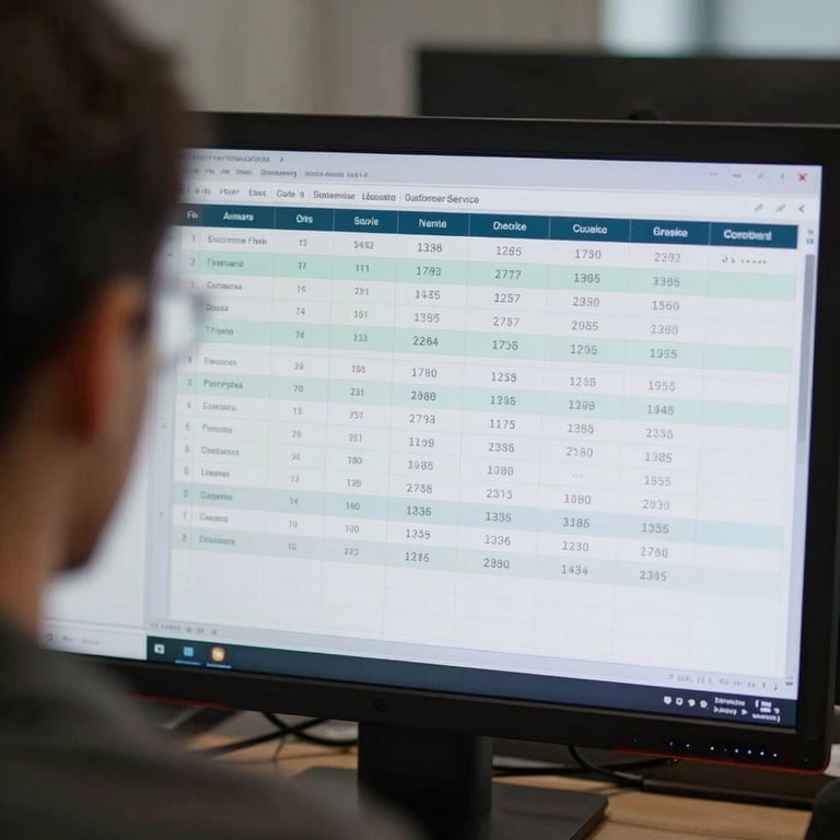 An over-the-shoulder view of a computer monitor displaying organized customer service data charts.