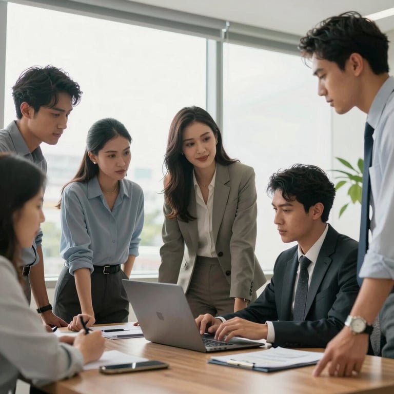 A group of professionals in a bright South American corporate setting, collaborating efficiently.