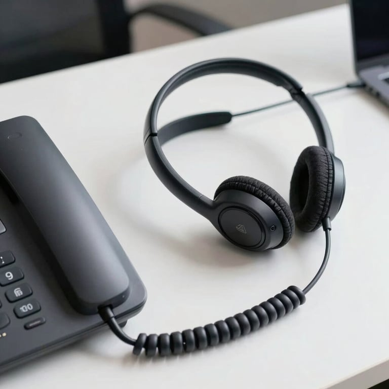 Close-up of a sleek, modern desktop phone and headset on a clean white desk.