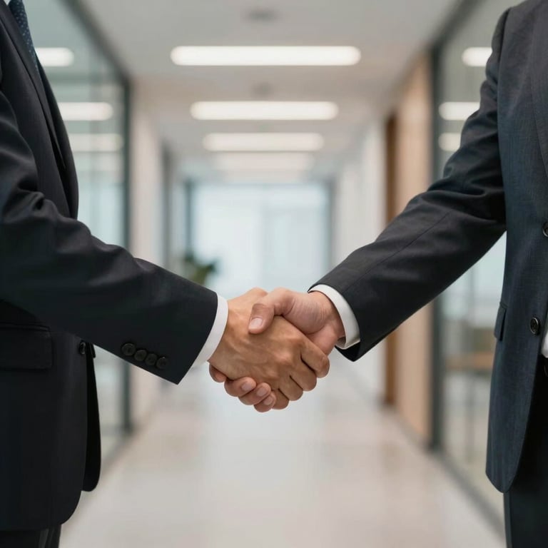 Professional handshake between two business people in a modern office hallway.