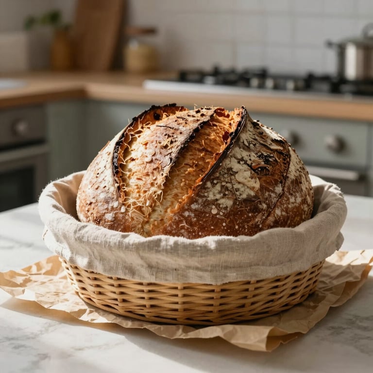 Still life of artisan sourdough bread in a linen-lined basket sitting on a Crisp Parchment tabletop in a sunlit kitchen.