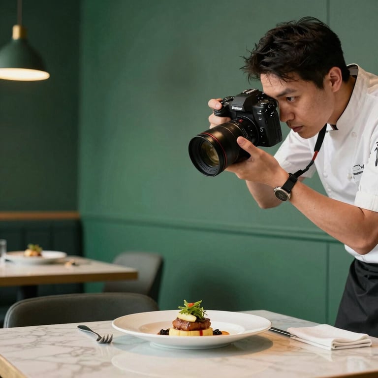 Candid shot of a photographer with a professional camera capturing a chef plating a dish in a modern North American bistro with Matte Forest Green walls.