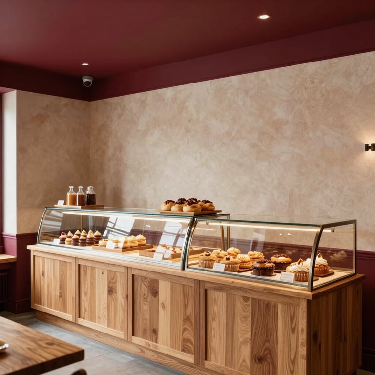 Interior shot of a cozy Scandinavian-inspired North American bakery with warm wood textures, Crisp Parchment walls, and Deep Ripe Crimson brand accents.