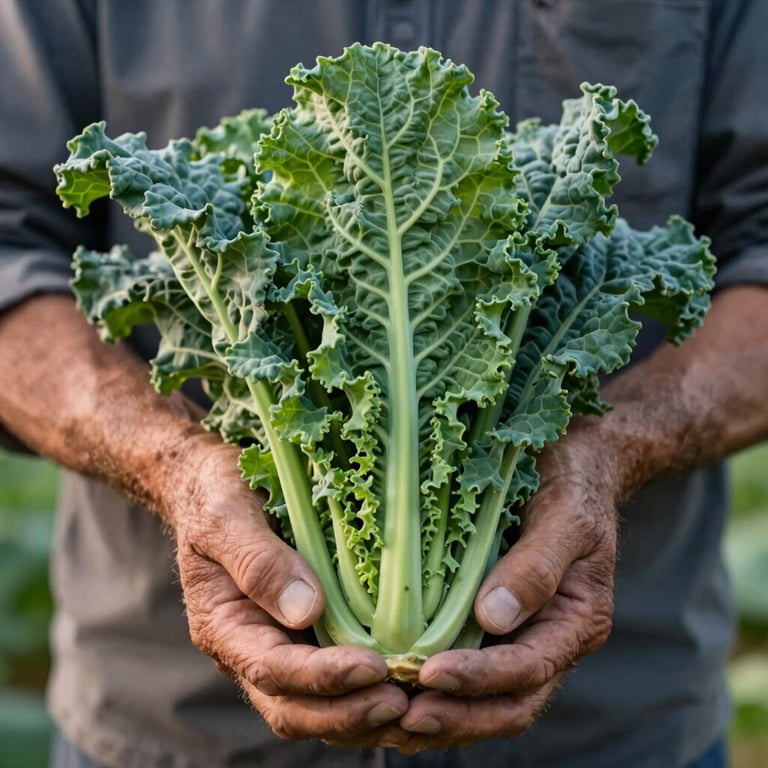 Close-up of a local farmer's weathered hands holding a bundle of fresh organic kale with Matte Forest Green leaves in the morning light.