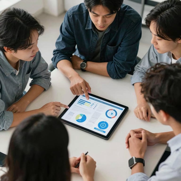 Overhead shot of a marketing team in a North American studio collaborating over a digital tablet showing social media engagement analytics.