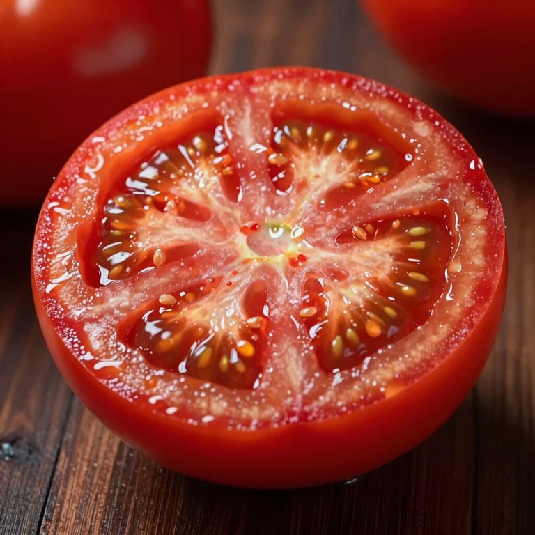 Extreme close-up of a fresh, sliced heirloom tomato on a dark wooden surface, highlighting the Deep Ripe Crimson juice, soft side lighting, North American restaurant setting.