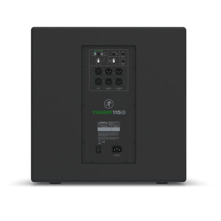 Subwoofer activo Mackie Thump115S visto desde la parte trasera y conexiones