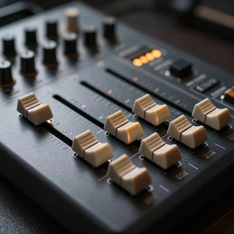 Macro shot of a professional solid-state logic soundboard, low-key dramatic studio lighting, sharp gold rim lights on physical faders, shallow depth of field