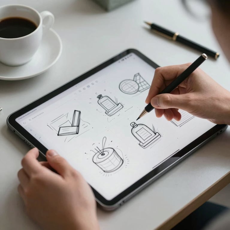 Close-up of a designer's hands sketching app wireframes on a tablet with a cup of coffee on a light silver desk.
