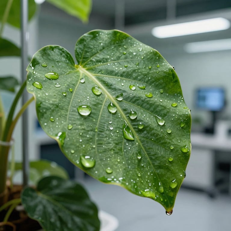 Macro photography of a vibrant green leaf with water droplets in a high-tech North American indoor facility.