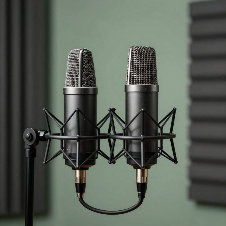 A content creator setting up a professional microphone in a sleek charcoal and sage green studio.