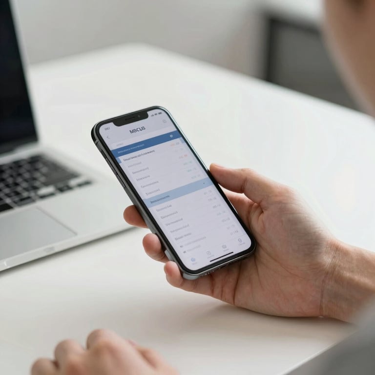 A person's hands reviewing data on a smartphone in a bright, off-white modern office space.