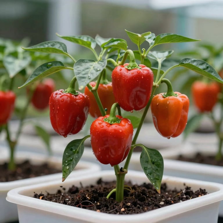 A cluster of bright red peppers growing in a smart-tech garden kit inside a North American home.