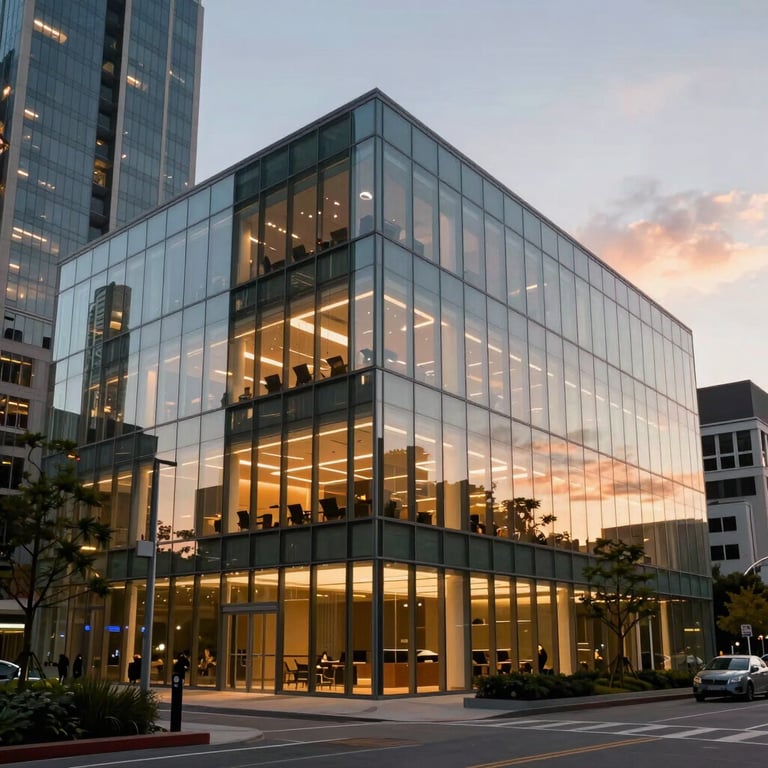 A wide shot of a modern glass-walled tech office in a US city hub during sunset with warm interior lighting.