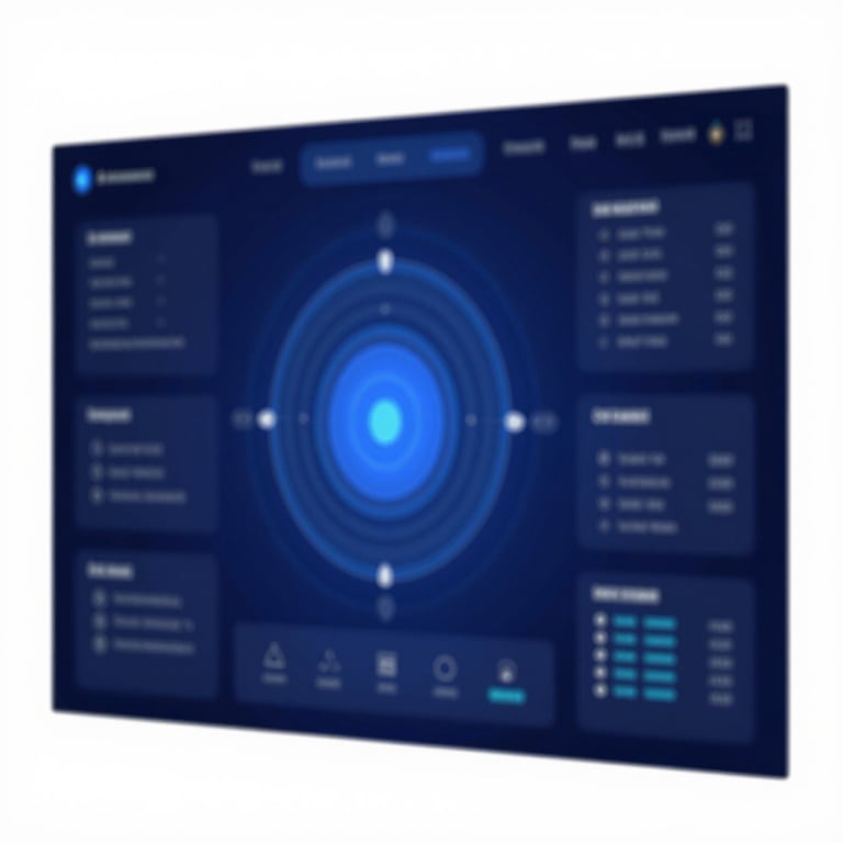 A digital interface showing real-time monitoring of a smart energy ecosystem, with high contrast between deep blue backgrounds and bright data points.