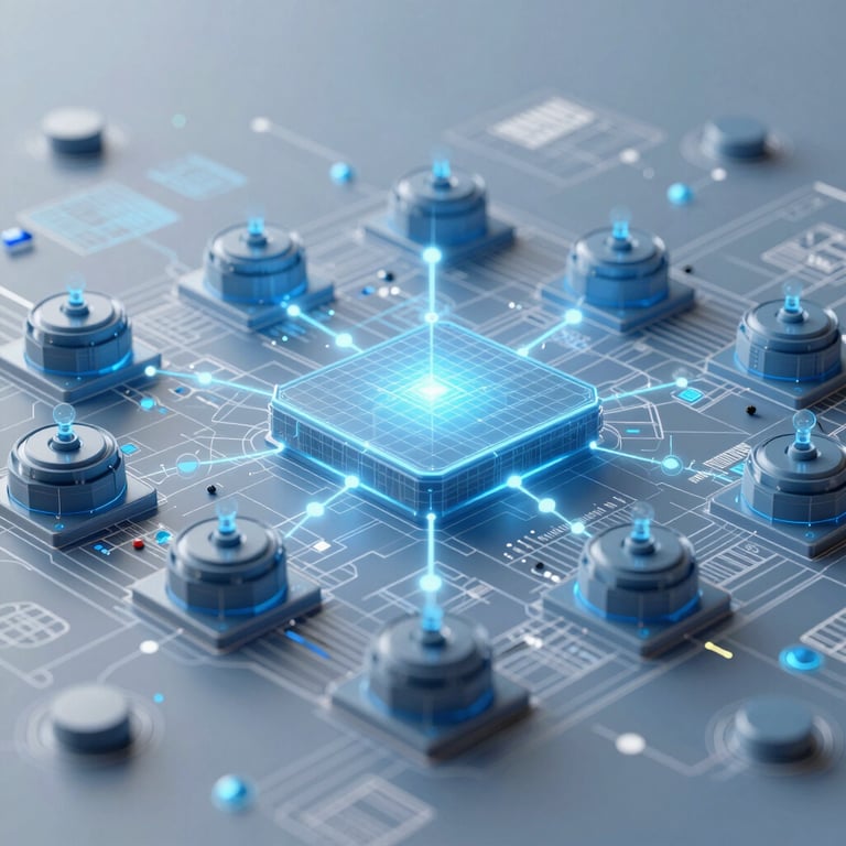 High-tech visualization of a decentralized energy grid using 3D rendering and blueprint styles, incorporating the #7BA0BF palette.