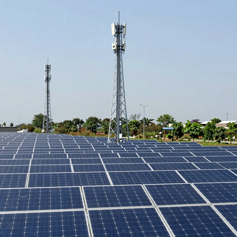 Conceptual image of a sustainable energy landscape with integrated telecommunication masts and solar infrastructure, symbolizing global vision.