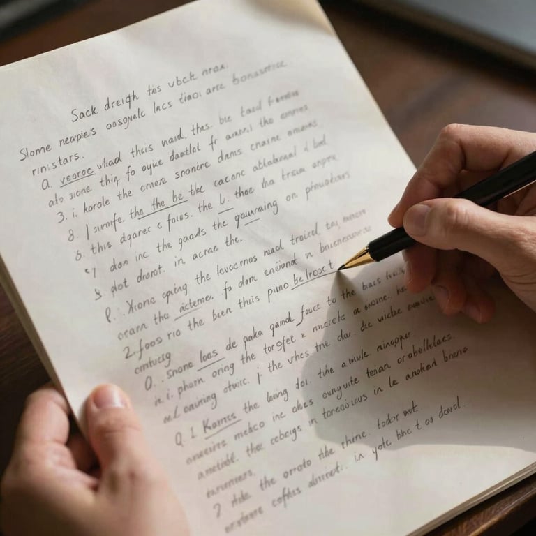 Close-up of hands holding a heavily annotated script, weathered paper with handwritten pencil notes, dramatic side lighting casting long shadows across the pages