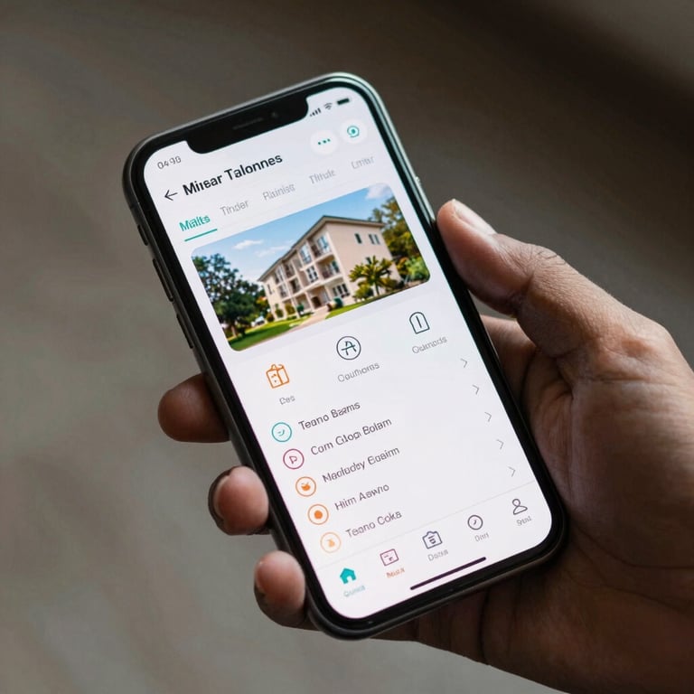 Close-up of a smartphone screen showing a property management interface, held by a South Asian hand.
