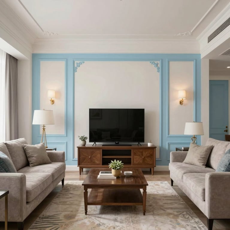Interior of a clean, well-furnished living room in an Indian apartment with light blue decorative accents.